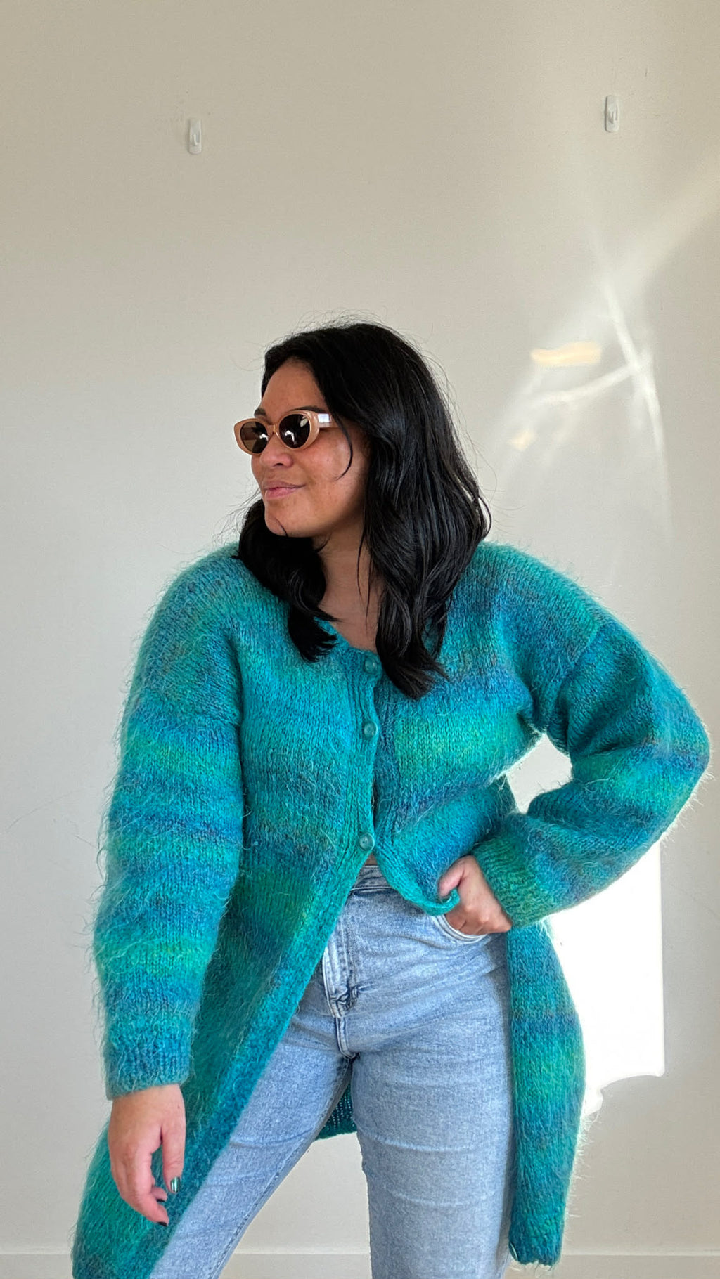 Teal Stripe Handknitted Long Cardi (Size 16)