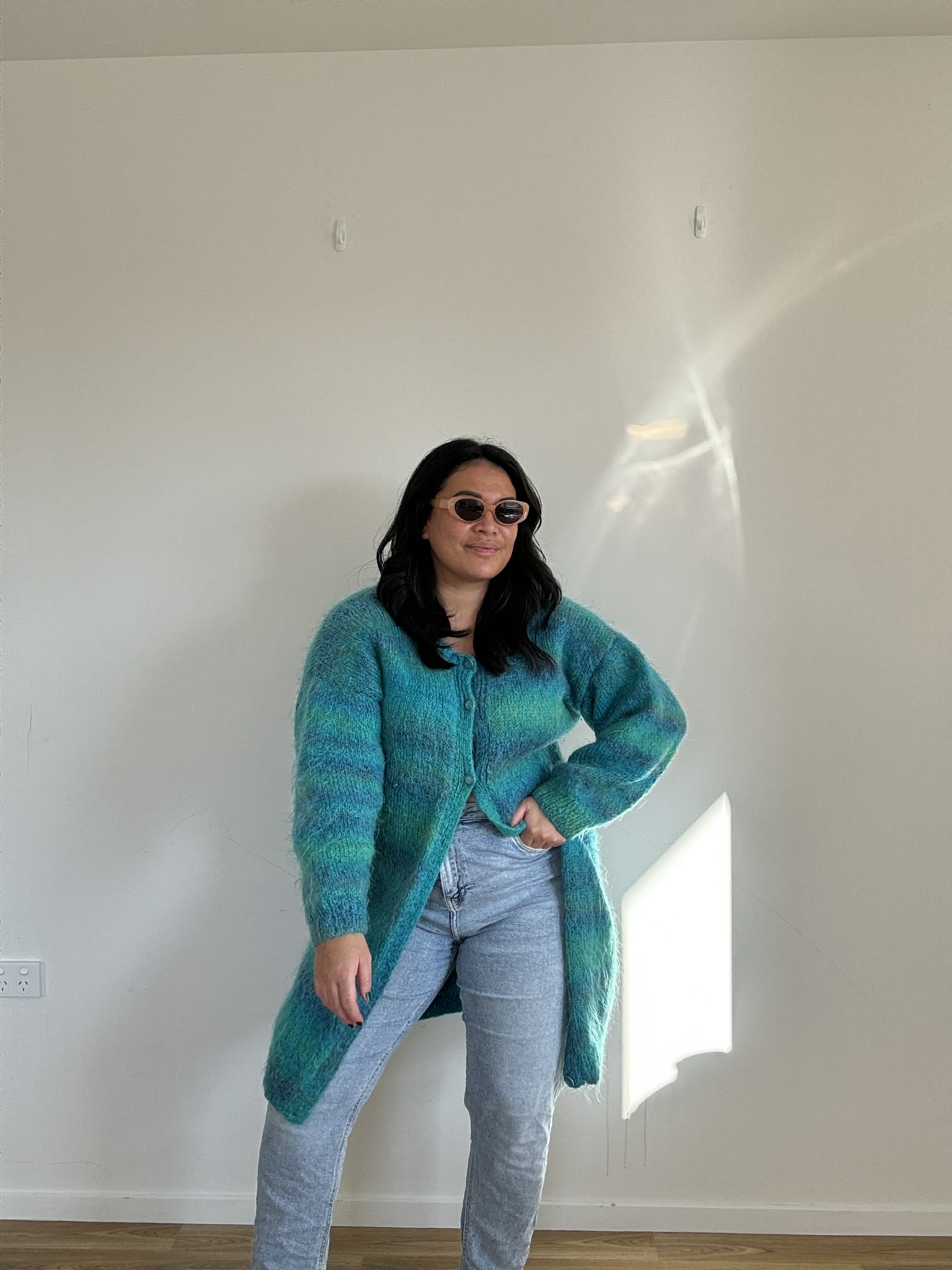 Teal Stripe Handknitted Long Cardi (Size 16)
