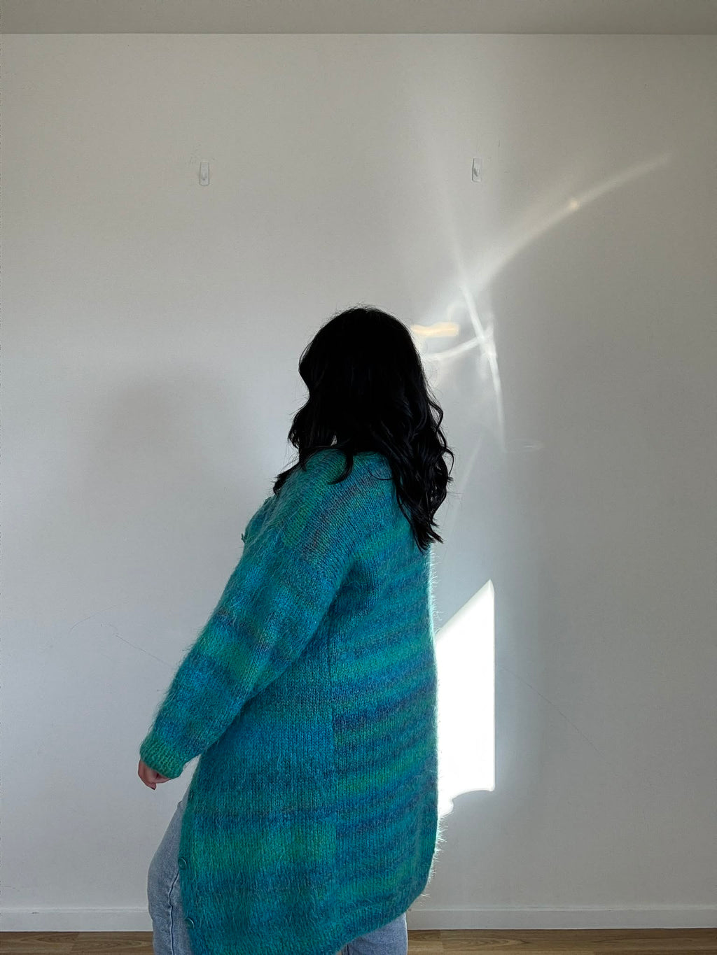 Teal Stripe Handknitted Long Cardi (Size 16)