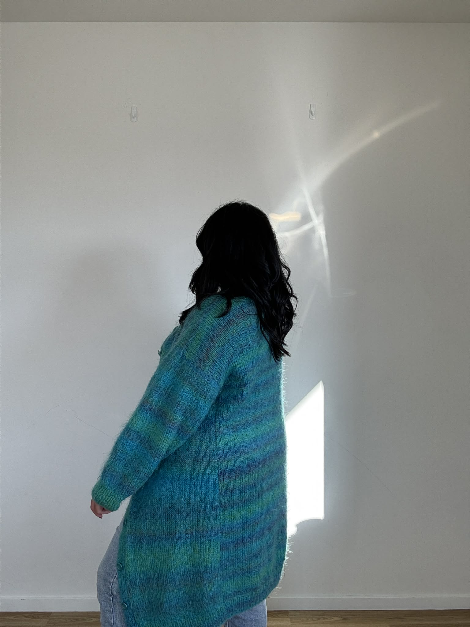 Teal Stripe Handknitted Long Cardi (Size 16)