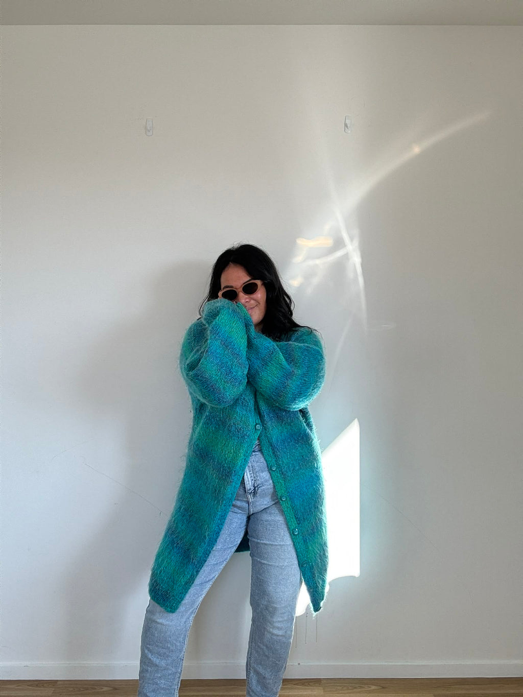 Teal Stripe Handknitted Long Cardi (Size 16)