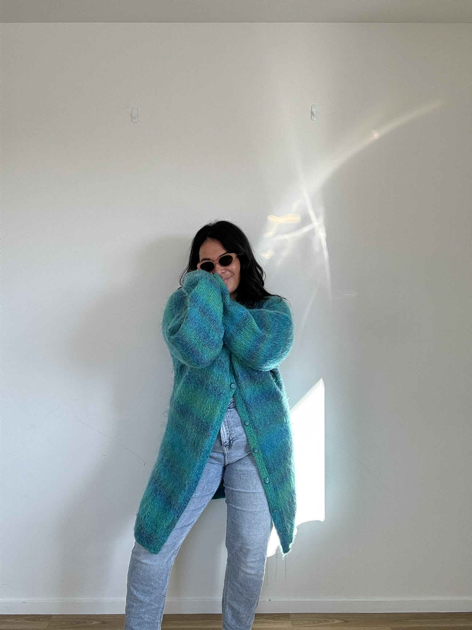 Teal Stripe Handknitted Long Cardi (Size 16)