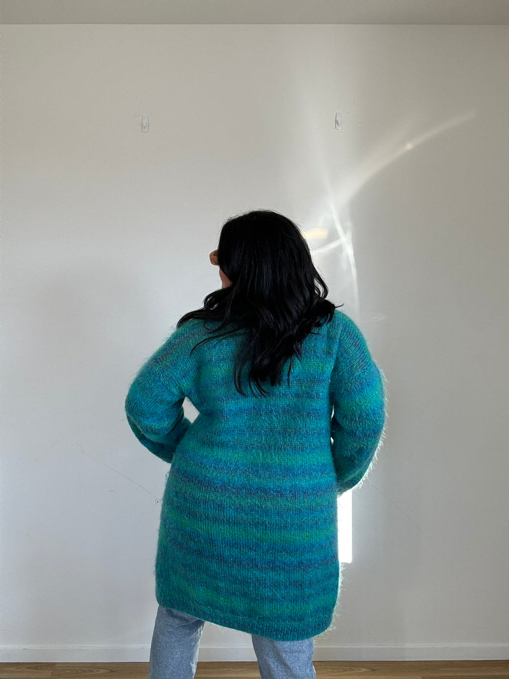 Teal Stripe Handknitted Long Cardi (Size 16)